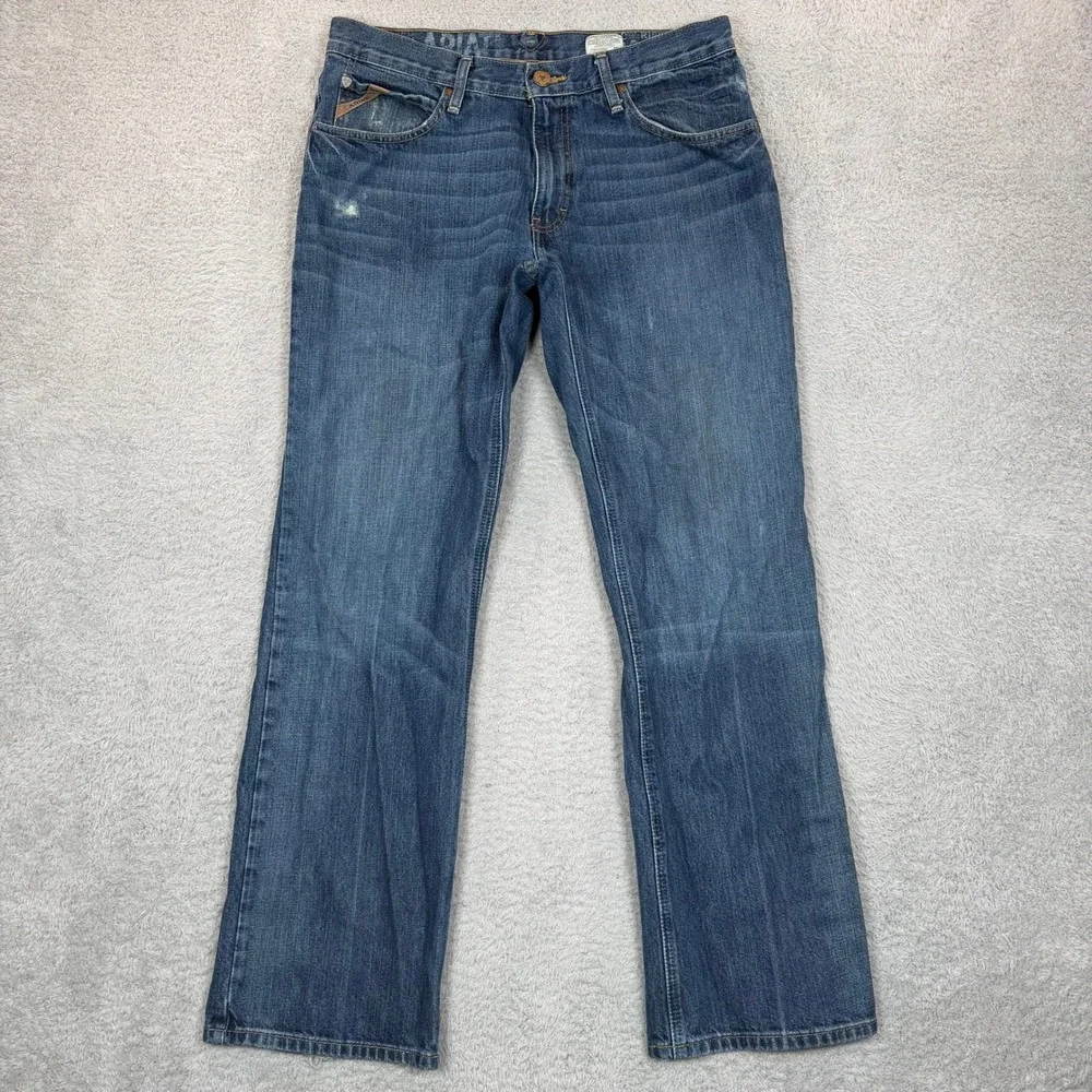 Ariat Mens Low Rise Bootcut Jeans 33x32 Medium Wash Distressed Denim Blue